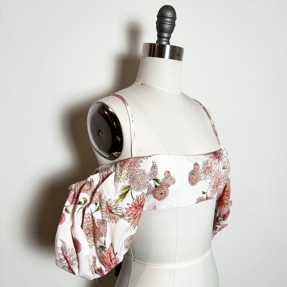 NWT Giambattista Valli Floral Puff Sleeve Crop Top Cotton Poplin White Pink Sz 8